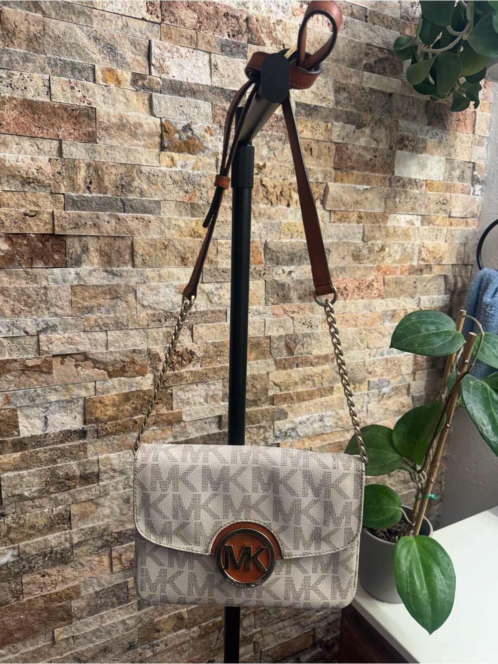 Michael Kors Beige and Brown MK Logo Crossbody with Gold-Tone Emblem